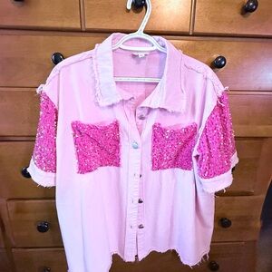 BiBi Pink Sequined Button-up Shirt